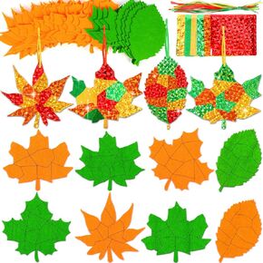 QOUBAI 24 Sets Fall Foil Fun Arts Crafts for Kids Game Felt Maple Leaves Crafts Ornament Kit No Mess DIY Foil Painting Creative Activity Travel Birthday Gift for Boy Girl Autumn Classroom Party Decor