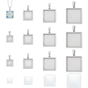 UNICRAFTALE 12 Sets 4 Sizes Stainless Steel DIY Blank Square Cabochon Settings Blank Dome Bezel Tray Charms with Glass Cabochons Blank Bezel Pendant Making Kit for Jewelry Making 10/15/20/25mm