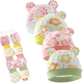 4 Pcs Newborn Baby Boy Hat Bear Ear Baby Beanie Hospital Infant Hat Newborn Hats for Baby Girls Boys 0-3 Months