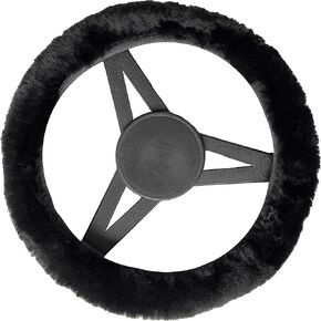 Natural Sheepskin Steering Wheel Cover for Women and Men | 100% Genuine Sheepskin Wool Furry 15" Universal Fit Steering Wheel Covers with Elastic Piping on Edges (Black)