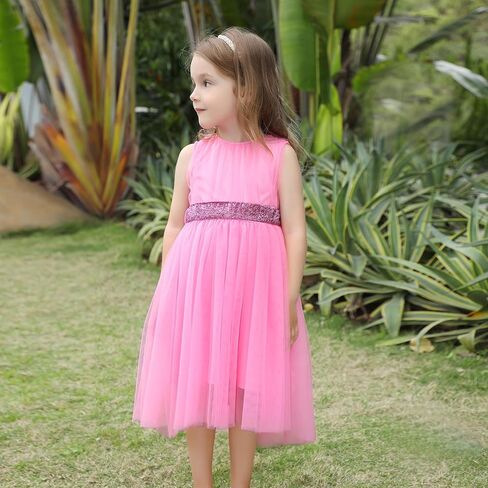 فستان توتو للفتيات الصغيرات بدون أكمام على شكل حرف A من التل فساتين صيفية للحفلات فستان الشمس غير الرسمي مع حزام in Kuwait