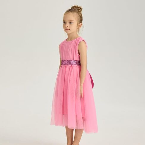 فستان توتو للفتيات الصغيرات بدون أكمام على شكل حرف A من التل فساتين صيفية للحفلات فستان الشمس غير الرسمي مع حزام in Kuwait