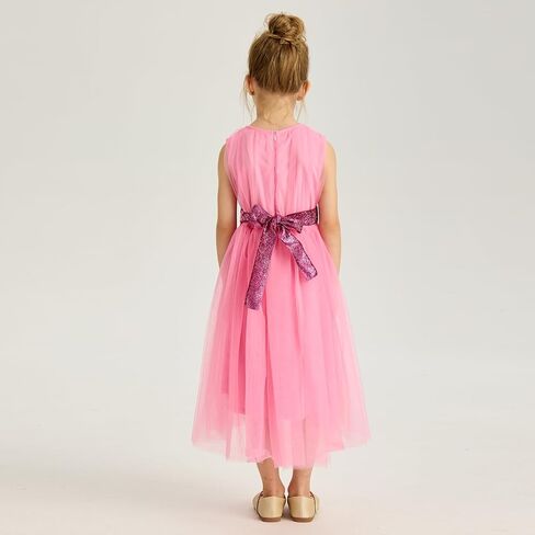 فستان توتو للفتيات الصغيرات بدون أكمام على شكل حرف A من التل فساتين صيفية للحفلات فستان الشمس غير الرسمي مع حزام in Kuwait