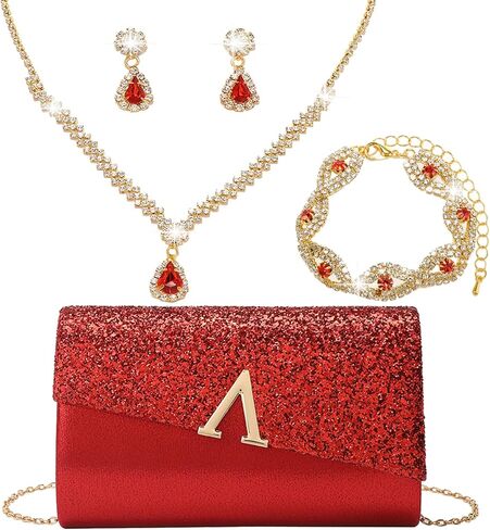 Glitter Evening Clutch Purse for Women Sparkly Shiny Handbag Ladies Wedding Prom Purse with Detachable Chain 4 Pieces Rhinestone Jewelry Set in Saudi Arabia