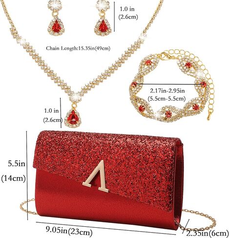 Glitter Evening Clutch Purse for Women Sparkly Shiny Handbag Ladies Wedding Prom Purse with Detachable Chain 4 Pieces Rhinestone Jewelry Set in Saudi Arabia