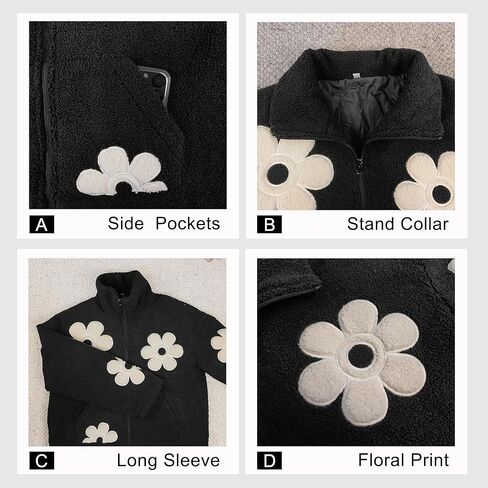 Maixang إمرأة الأزهار طباعة شيربا سترات صوفية الشتاء سستة اقتصاص معطف عادية كم طويل أبلى مع جيوب in Kuwait