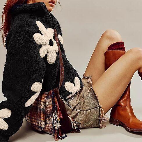 Maixang إمرأة الأزهار طباعة شيربا سترات صوفية الشتاء سستة اقتصاص معطف عادية كم طويل أبلى مع جيوب in Kuwait