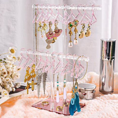 Earring Holder Organizer, 2-Tier Acrylic Jewelry Holder Organizer with 24 Coat Hanger Earring Holders, Necklace, Bangle and Bracelet Holder Organizer for Home Vanity and Store Display in Saudi Arabia