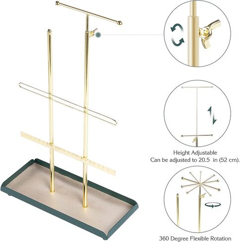 حامل مجوهرات Tektalk، منظم المجوهرات، برج المجوهرات، حامل عرض شجرة رف المجوهرات، حامل ارتفاع قابل للتعديل للقلائد والأساور والأقراط والخواتم - ذهبي in Kuwait