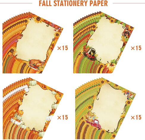 60 Sheets Fall Stationery Paper Autumn Watercolor 4 Designs Border Letterhead Thanksgiving Decorative Writing Paper for Party Invitations School Printing, 8.5 x 11 In in Saudi Arabia