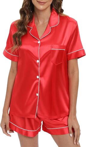 Women's Satin Pajamas sets Short Sleeve Sleepwear Soft Silk Button Down Loungewear Pjs Shorts Set in Saudi Arabia