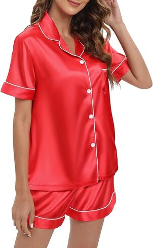 Women's Satin Pajamas sets Short Sleeve Sleepwear Soft Silk Button Down Loungewear Pjs Shorts Set in Saudi Arabia