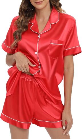 Women's Satin Pajamas sets Short Sleeve Sleepwear Soft Silk Button Down Loungewear Pjs Shorts Set in Saudi Arabia