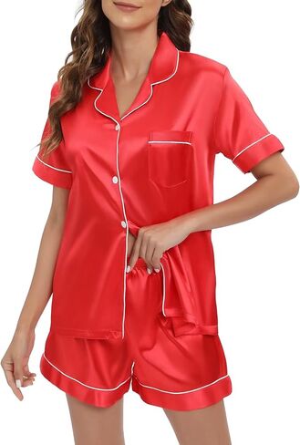 Women's Satin Pajamas sets Short Sleeve Sleepwear Soft Silk Button Down Loungewear Pjs Shorts Set in Saudi Arabia
