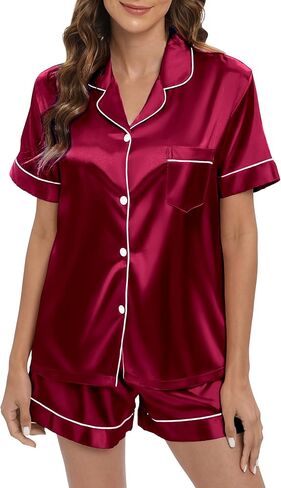 طقم بيجامات حريمي من الساتان بأكمام قصيرة، طقم ملابس نوم من الحرير الناعم بأزرار سفلية، طقم شورت Pjs in Kuwait