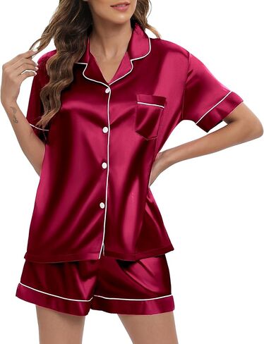 طقم بيجامات حريمي من الساتان بأكمام قصيرة، طقم ملابس نوم من الحرير الناعم بأزرار سفلية، طقم شورت Pjs in Kuwait