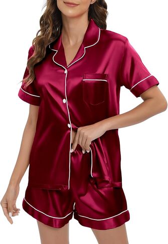 طقم بيجامات حريمي من الساتان بأكمام قصيرة، طقم ملابس نوم من الحرير الناعم بأزرار سفلية، طقم شورت Pjs in Kuwait