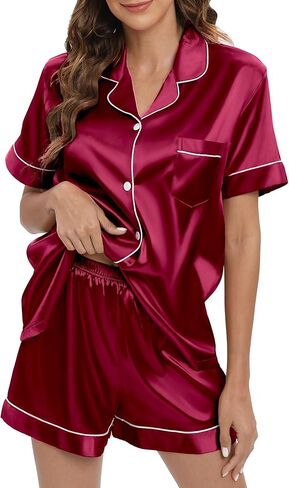 طقم بيجامات حريمي من الساتان بأكمام قصيرة، طقم ملابس نوم من الحرير الناعم بأزرار سفلية، طقم شورت Pjs in Kuwait