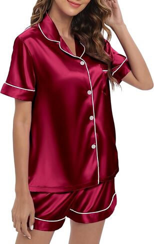 طقم بيجامات حريمي من الساتان بأكمام قصيرة، طقم ملابس نوم من الحرير الناعم بأزرار سفلية، طقم شورت Pjs in Kuwait