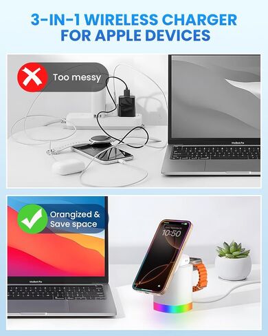 JoyGeek 3-in-1 Charger Stand for Magsafe: Foldable Wireless Charging Station with 4 RGB Night Lights - Magnetic Charger Dock for iPhone 15/14/13/12 Pro/Max/Plus, AirPods, Apple Watch 2-9/Ultra in Saudi Arabia