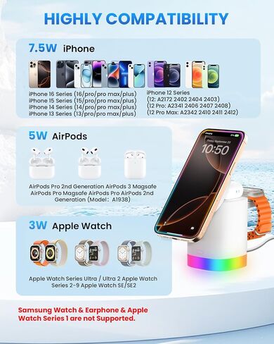 JoyGeek 3-in-1 Charger Stand for Magsafe: Foldable Wireless Charging Station with 4 RGB Night Lights - Magnetic Charger Dock for iPhone 15/14/13/12 Pro/Max/Plus, AirPods, Apple Watch 2-9/Ultra in Saudi Arabia