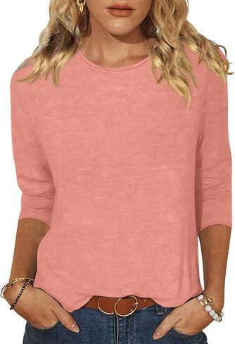 Womens 3/4 Length Sleeve Tops Crew Neck Basic Tees Shirts Casual Loose Fit Blouses in Kuwait