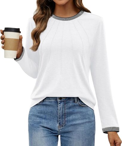 ZESICA Long Sleeve Shirts for Women Striped Color Block Crewneck Tshirts 2024 Fall Pleated Trendy Tops in Saudi Arabia