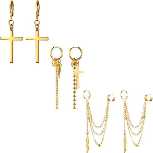 Cupimatch 3 Pairs Hoop Dangle Earrings Stainless Steel Huggie Hinged Chain Feather Cross Pendant Hoop Earrings in Kuwait