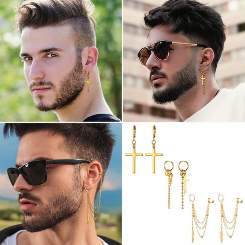 Cupimatch 3 Pairs Hoop Dangle Earrings Stainless Steel Huggie Hinged Chain Feather Cross Pendant Hoop Earrings in Kuwait