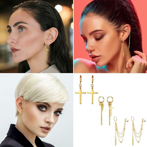 Cupimatch 3 Pairs Hoop Dangle Earrings Stainless Steel Huggie Hinged Chain Feather Cross Pendant Hoop Earrings in Kuwait