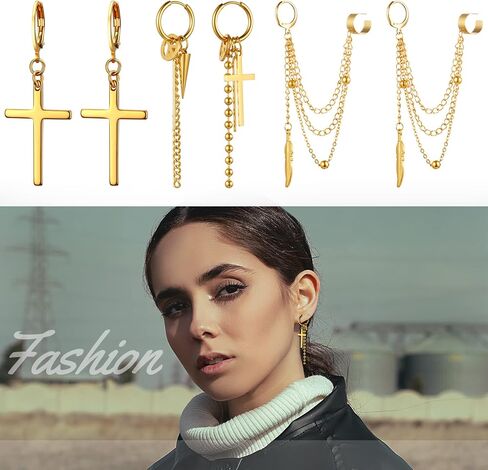 Cupimatch 3 Pairs Hoop Dangle Earrings Stainless Steel Huggie Hinged Chain Feather Cross Pendant Hoop Earrings in Kuwait