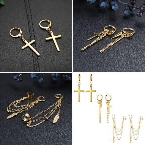 Cupimatch 3 Pairs Hoop Dangle Earrings Stainless Steel Huggie Hinged Chain Feather Cross Pendant Hoop Earrings in Kuwait