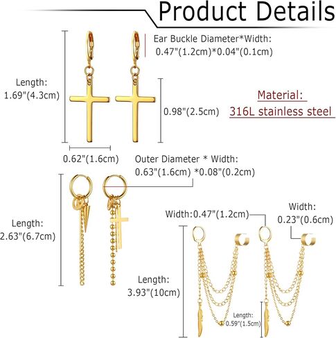 Cupimatch 3 Pairs Hoop Dangle Earrings Stainless Steel Huggie Hinged Chain Feather Cross Pendant Hoop Earrings in Kuwait