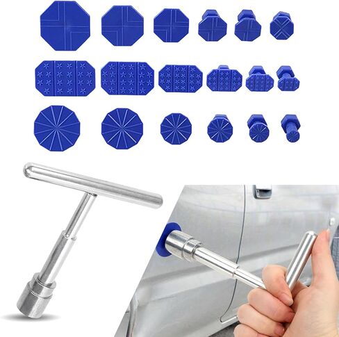 طقم إصلاح انبعاجات جسم السيارة 19 قطعة من Ajxn، أداة سحب من نوع T + 18 قطعة لاصقة غير مدمرة أداة إصلاح طلاء السيارة، ملحقات إصلاح قابلة لإعادة الاستخدام لتأثير أضرار البرد، عالمية للسيارات (أزرق وفضي) in Kuwait