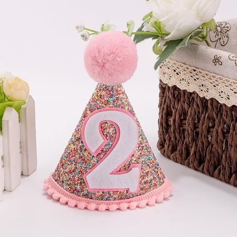 قبعة مخروطية لعيد الميلاد الثاني، قبعة عيد ميلاد بيضاء لامعة مع قبعة قوس قزح لعيد الميلاد باللون الوردي لحفلة عيد الميلاد، قبعة دعائم صور عيد ميلاد لامعة للأولاد والبنات in Kuwait