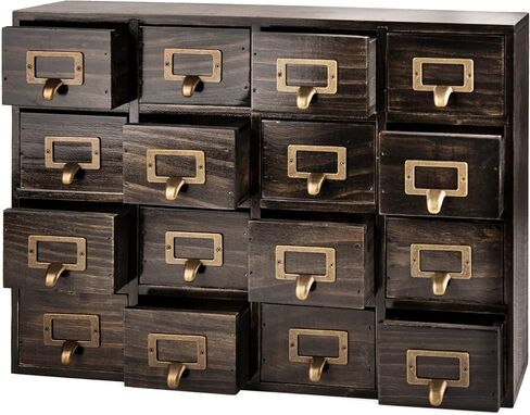 Dark Ash 16-Drawer Card Catalog Artisan Drawer Chest - 20"x3.6"x14" - Desktop Apothecary Crafted in Solid Wood, Curating Timeless Order - A 4-Tiered Storage with Label Holders & Handles for Your Table in Saudi Arabia