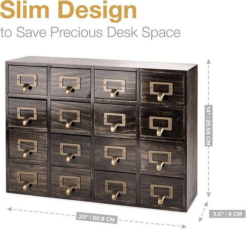 Dark Ash 16-Drawer Card Catalog Artisan Drawer Chest - 20"x3.6"x14" - Desktop Apothecary Crafted in Solid Wood, Curating Timeless Order - A 4-Tiered Storage with Label Holders & Handles for Your Table in Saudi Arabia