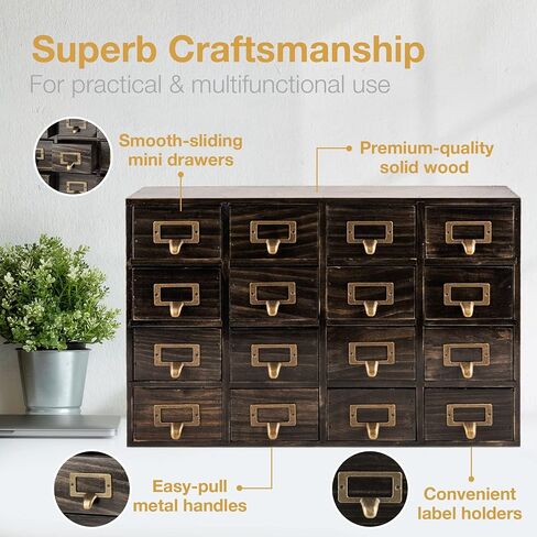 Dark Ash 16-Drawer Card Catalog Artisan Drawer Chest - 20"x3.6"x14" - Desktop Apothecary Crafted in Solid Wood, Curating Timeless Order - A 4-Tiered Storage with Label Holders & Handles for Your Table in Saudi Arabia