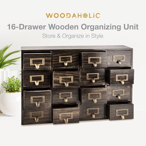 Dark Ash 16-Drawer Card Catalog Artisan Drawer Chest - 20"x3.6"x14" - Desktop Apothecary Crafted in Solid Wood, Curating Timeless Order - A 4-Tiered Storage with Label Holders & Handles for Your Table in Saudi Arabia