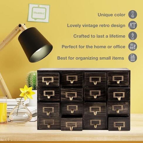 Dark Ash 16-Drawer Card Catalog Artisan Drawer Chest - 20"x3.6"x14" - Desktop Apothecary Crafted in Solid Wood, Curating Timeless Order - A 4-Tiered Storage with Label Holders & Handles for Your Table in Saudi Arabia