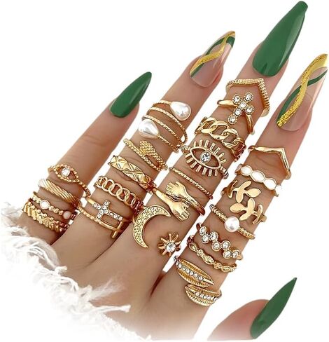 23 Pcs Gold Plated Stackable Ring Set for Women Sparkling Zircon Pearl Punk Knuckle Rings Trendy Silver Adjustable Everyday Jewelry Gifts in Kuwait