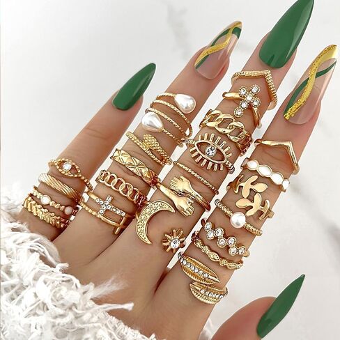 23 Pcs Gold Plated Stackable Ring Set for Women Sparkling Zircon Pearl Punk Knuckle Rings Trendy Silver Adjustable Everyday Jewelry Gifts in Kuwait
