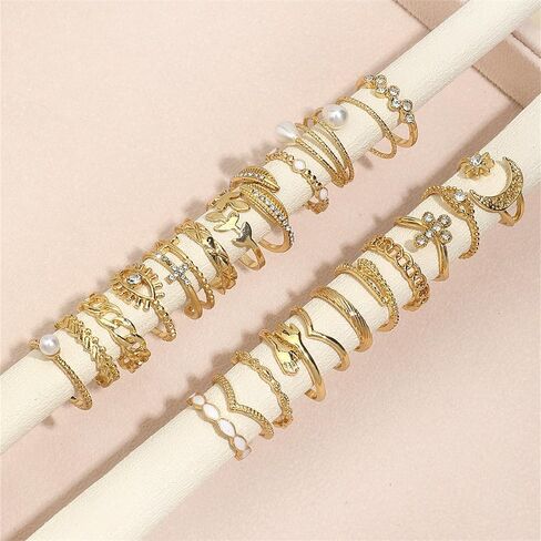 23 Pcs Gold Plated Stackable Ring Set for Women Sparkling Zircon Pearl Punk Knuckle Rings Trendy Silver Adjustable Everyday Jewelry Gifts in Kuwait