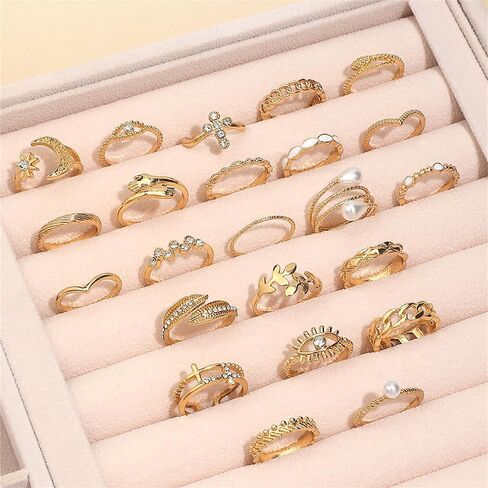 23 Pcs Gold Plated Stackable Ring Set for Women Sparkling Zircon Pearl Punk Knuckle Rings Trendy Silver Adjustable Everyday Jewelry Gifts in Kuwait