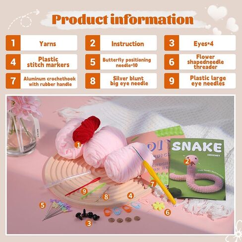KEKEMEOW The Pink Snake Crochet Kit for Beginner, Learn to Crochet, Beginner Crochet Kit for Adults Crochet Starter Kit with Step-by-Step Video Tutorials and Soft Yarns, Hook in Saudi Arabia