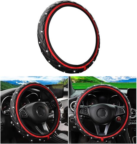 Bling Car Steering Wheel Cover, Non-Slip Elastic Stretch Leather Auto Steering Wheel Protector, Sparkling Diamond Vehicle Decor Accessories for Women Girls, Universal for Vehicles (Red) in Saudi Arabia
