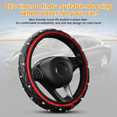 Bling Car Steering Wheel Cover, Non-Slip Elastic Stretch Leather Auto Steering Wheel Protector, Sparkling Diamond Vehicle Decor Accessories for Women Girls, Universal for Vehicles (Red) in Saudi Arabia