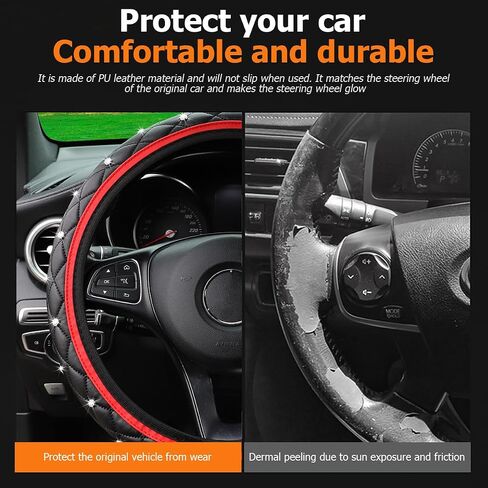 Bling Car Steering Wheel Cover, Non-Slip Elastic Stretch Leather Auto Steering Wheel Protector, Sparkling Diamond Vehicle Decor Accessories for Women Girls, Universal for Vehicles (Red) in Saudi Arabia