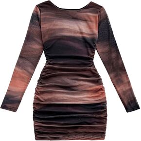 GORGLITTER Women's Tie Dye Ruched Mesh Bodycon Dress Crewneck Long Sleeve Mini Dresses