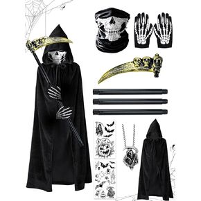 Halloween Grim Reaper Costumes for Boys Adults Black Hooded Cloak Scythe Skull Mask Skeleton Gloves